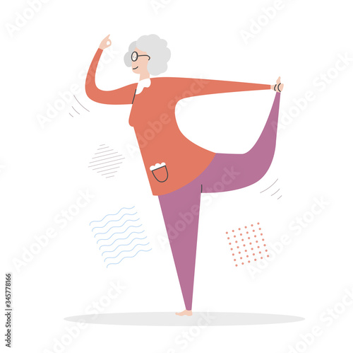 Flat vector illustration Senior Yoga. Lovely elderly woman in the Lord of Dance position. Active lifestyle for retired people. Meditation and yoga practise for mature adults. Basic RGB