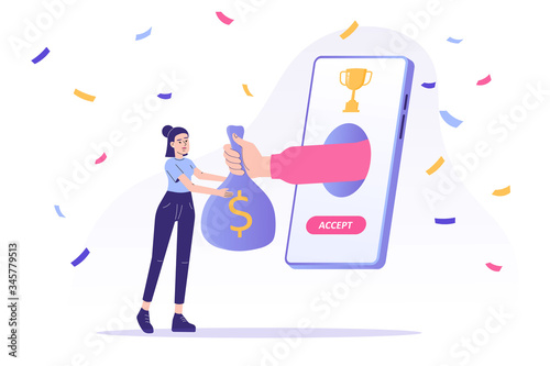Online reward concept. Happy woman receive a coin sack from hand popping from smartphone screen. Digital referral and reward program. Earnings on the internet. Online income. Vector illustration