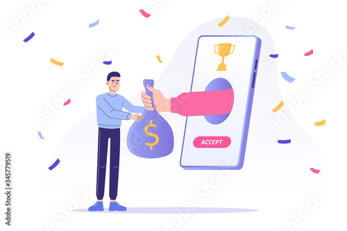 Online reward concept. Happy man receive a coin sack from hand popping from smartphone screen. Digital referral and reward program. Online income. Modern isolated vector illustration