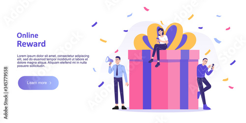 Online reward concept. Happy people receive a big gift box. Digital referral and reward program. Online store or shop loyalty program and bonus. Landing page template. Vector illustration
