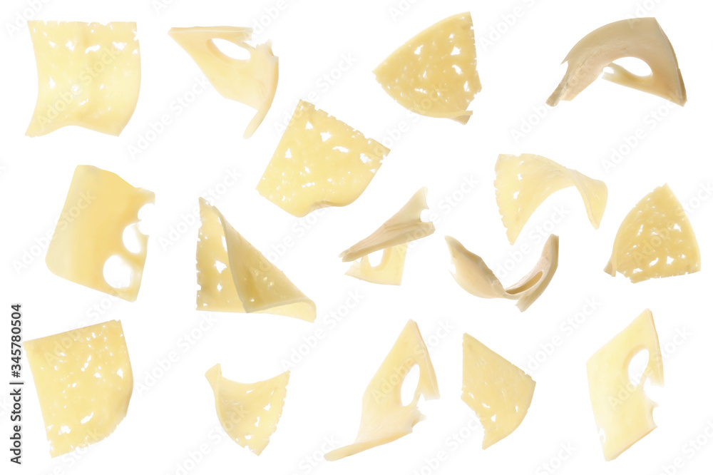 Collage with slices of cheese falling on white background Collage with slices of cheese falling on white background