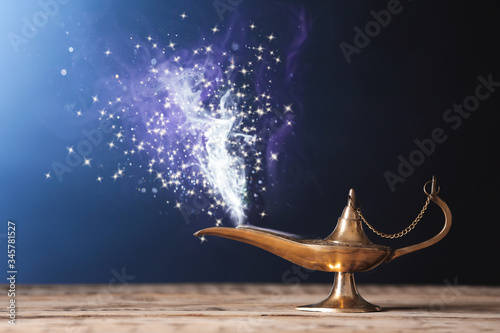 Fényképezés Genie appearing from magic lamp of wishes. Fairy tale