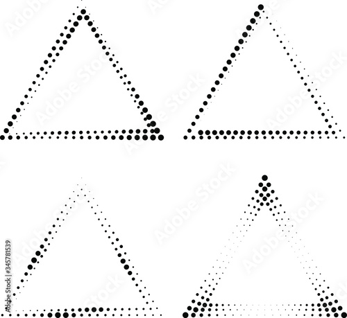 Set of black vector halftone dots. Triangle form. Geometric art. Trendy design element for frame, logo, tattoo, sign, symbol, web, prints, posters, template, pattern and abstract background