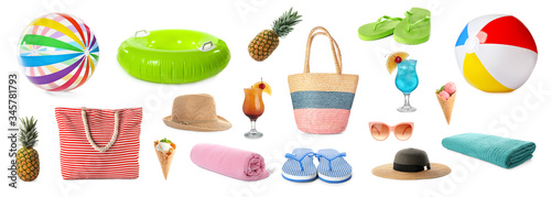 Set of items needed in summer vacation on white background. Banner design