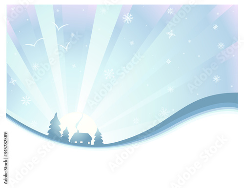 A vector illustration of a cabin and trees in a winter sunrise scene.
