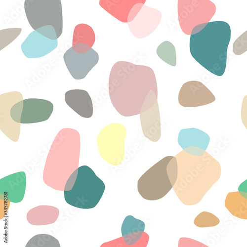 Vector seamless pattern with abstract elements, colored in overlap style. Trendy shapes and colors for textile, wallpaper, fabric, wrapping paper © Anna