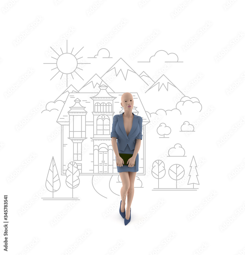 3D Rendering Woman With Sketch Background