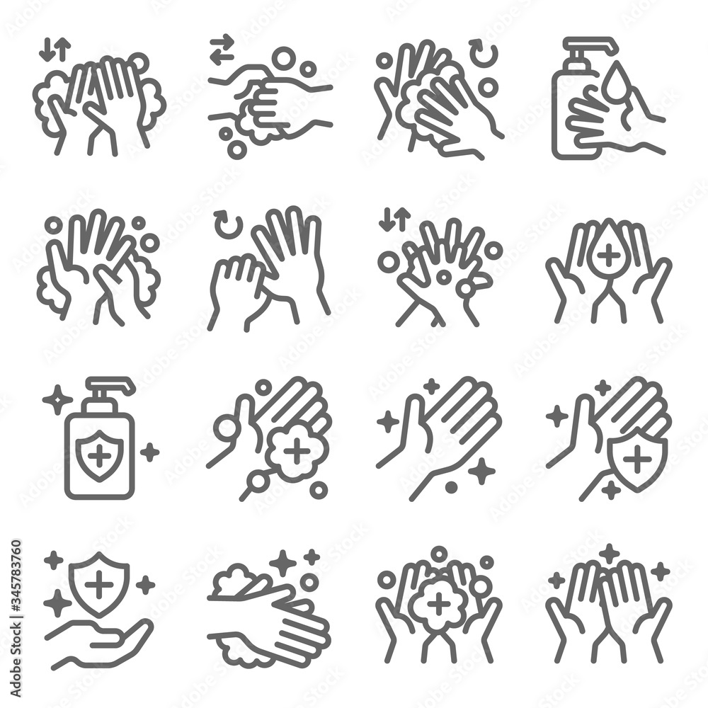 Hand washing symbol icon set vector illustration. Contains such icon as Cleaning, Antibacterial, Protection, Wellness, Healthy, Scrub and more. Expanded Stroke