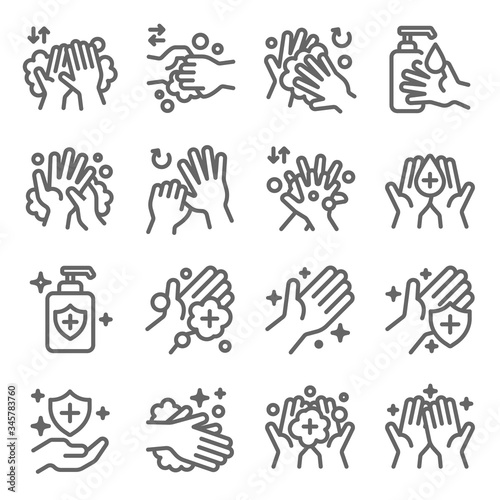Hand washing symbol icon set vector illustration. Contains such icon as Cleaning, Antibacterial, Protection, Wellness, Healthy, Scrub and more. Expanded Stroke