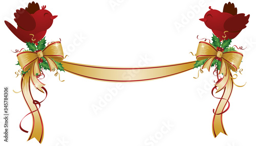 A vector illustration of two cute red cardinals holding a festive Christmas ribbon and holly garland.