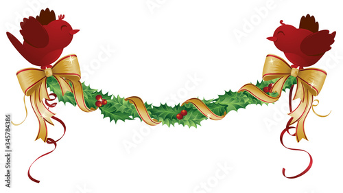 A vector illustration of two cute red cardinals holding a festive Christmas ribbon and holly garland.