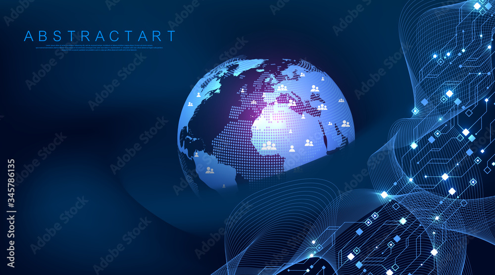 Global network connection concept. Big data visualization. Social network communication in the global computer networks. Internet technology. Business. Science. Vector illustration - obrazy, fototapety, plakaty 