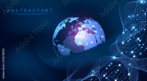Global network connection concept. Big data visualization. Social network communication in the global computer networks. Internet technology. Business. Science. Vector illustration