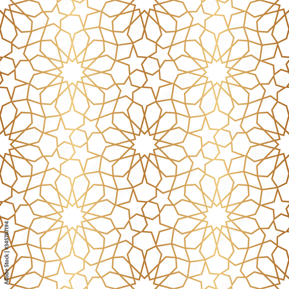 Moroccan prints for laser cutting. Morocco. Islamic gold seamless pattern. Islam golden star. Arabic style. Arabian background. Traditional muslim symbol. East tile. Arabesque girih ornate motif