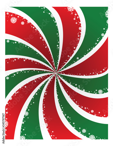 A holiday background with a swirling design of red, green and snowflakes.