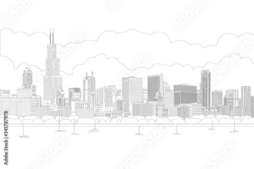 Chicago  building  skyscraper  skyline in sunny sunset reflected in water. Chicago city panorama with yachts. Line drawing  vector