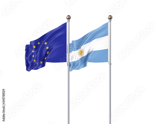 Two realistic flags. 3D illustration on white background. European Union vs Argentina. Thick colored silky flags of European Union and Argentina.