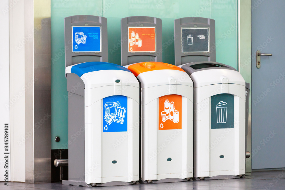 Rubbish bins for different garbage - plastic, empty bottles, newspaper, magazine paper and general waste. Rubbish bins for different garbage - plastic, empty bottles, newspaper, magazine paper and general waste.
