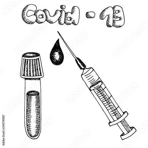 Medical glass tube vacutainer with syringe and blood drop isolated on white background. Covid-19 lettering. Hand drawn sketch illustration in outline style. Concept of coronavirus vaccine discovery.