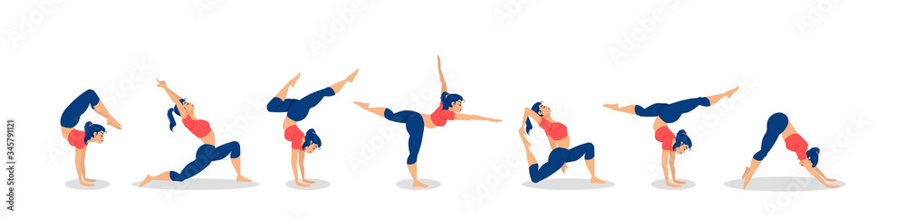 Vector of a beautiful woman in various poses of yoga, stretching