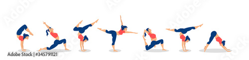 Vector of a beautiful woman in various poses of yoga, stretching