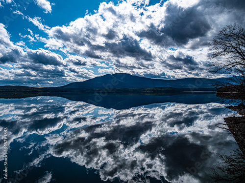 lake and mountains with clouds reflecting off the water