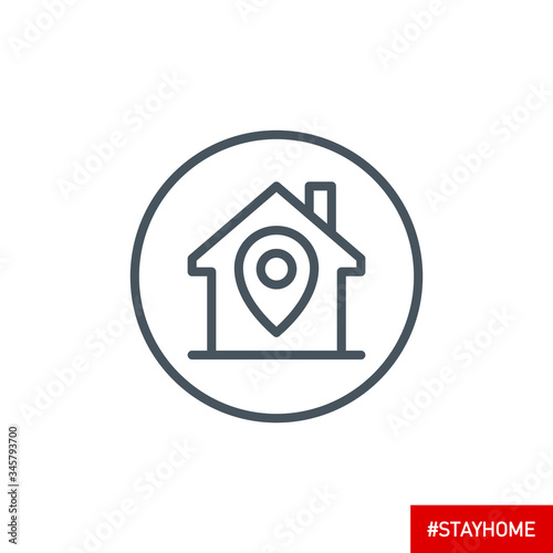 editable stroke line icon of Stay home for Social media in support of self isolation. staying at home Prevent coronavirus spread. Covid19 perfect outline single icon hashtag stayhome Isolated on white