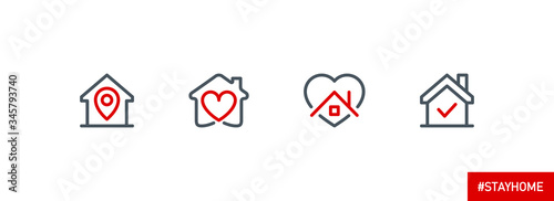 Fototapeta Naklejka Na Ścianę i Meble -  editable stroke line icons set of Stay home for Social media in support of self isolation. staying at home Prevent coronavirus spread. Covid19 perfect outline icon hashtag stayhome Isolated on white