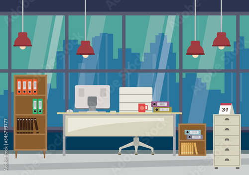 Flat design modern office and skyscrapers at background - vector illustration