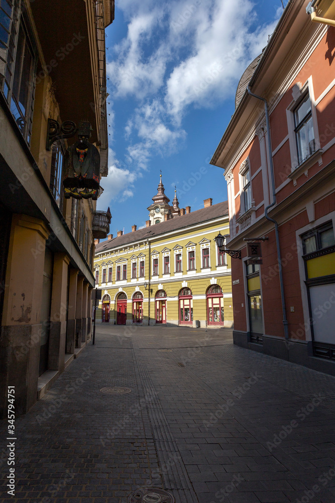 Empty street in Eger, Hungary on a spring evening.