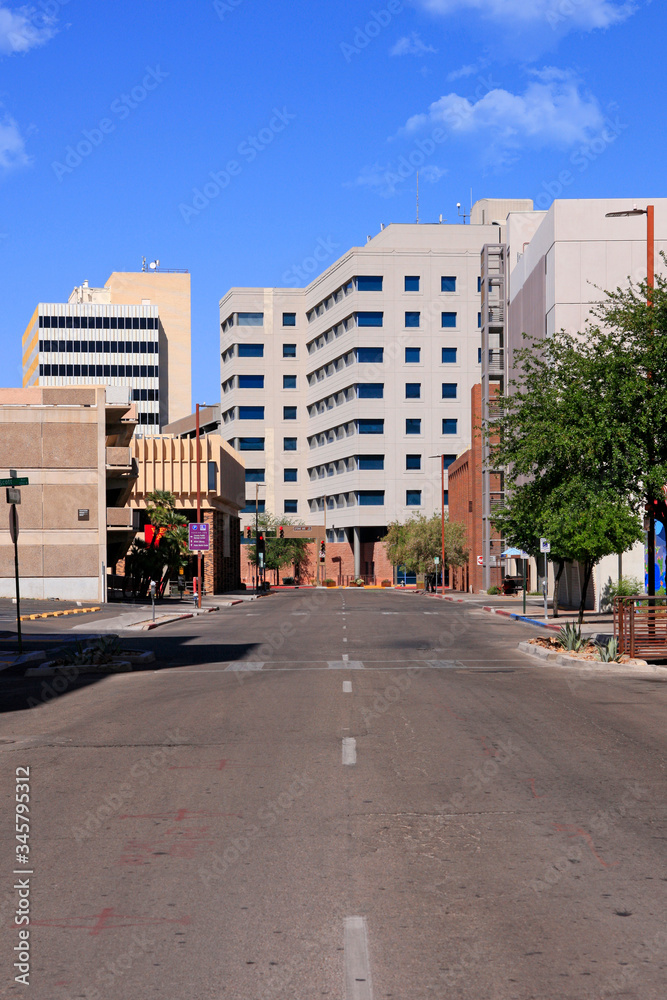 No people, no vehicles. An eerie silence looms over E Alameda Street and downtown Tucson AZ during the Covid-19 lockdown