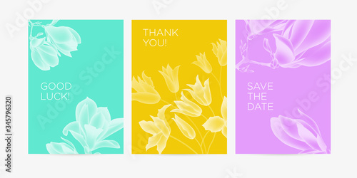 A set of postcard with the words of gratitude. Design template of business cards or banners with magnolia flowers for the hotel, beauty salon, spa, restaurant, club. Vector illustration