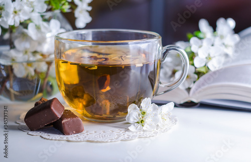 Tea and cherry flowers