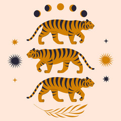 Fotobehang Tijger Gouden tijgers met maanfasen  © Mystery Kit