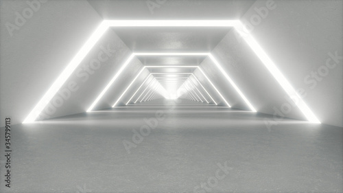 Illuminated corridor interior design. Modern interior design. Hallway with lights. Abstract modern minimalist empty white. interior design or science fiction background.Empty space for text. 3D render