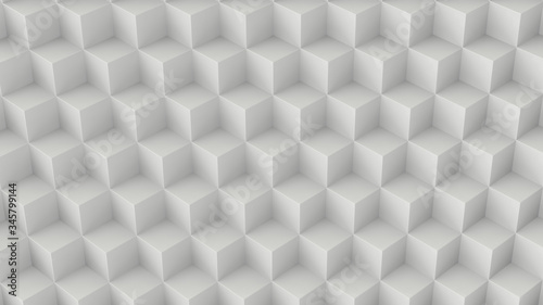 Abstract white 3D geometric cubes background. 3d rendering - illustration. Seamless pattern. Hipster style. Texture with many rows of volumetric cubes lying in the light. Isometric Shape