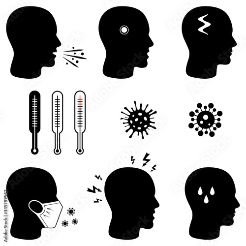 No infection and stop the virus. Isolated vector icons. Icons for promoting covid-19 hygiene with wearing a face mask. Measurement of body temperature using a thermometer. The symptoms of the disease 