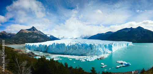 Panorama of Perito Moreno Glacier located in Los Glaciares National Park in Patagonia, Argentina near El Calafate town. Is part of the Southern Patagonian Ice Field located in Andes. photo