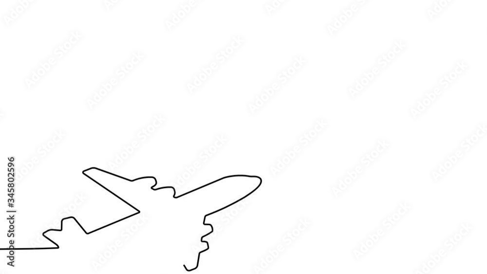 A take-off airplane in simple animation contour style of a one continuous line drawing. Thin black outline isolated on white background.