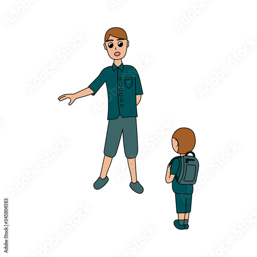 young father teaches son. life lessons. child with a briefcase. teacher and pupil. isolated stock vector illustration