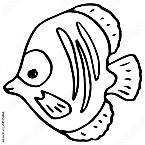 Black line fish on white isolated backdrop. Coral reef fish for invitation and gift card, tattoo parlor or pet shop logo, bath tile. Phone case or cloth print. Doodle style stock vector illustration