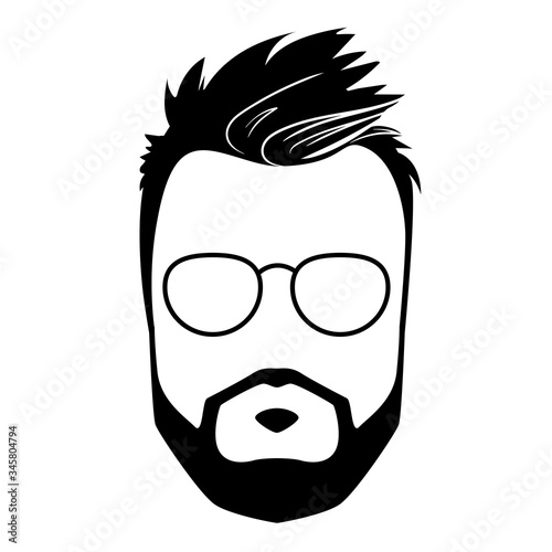 Stylish flat icon with man beard face with glasses silhouette. Hipster style avatar. Creative hairstyle vector illustration. Male barber black logo isolated on white background. Guy character sign