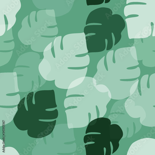 Monstera tropical plant transparent incline leaf green background seamless pattern