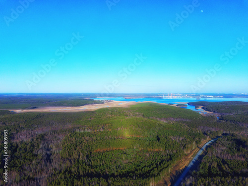forest and lake from a bird s eye view.photos from the drone. noises