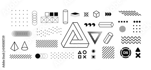 Modern geometric shapes collection. Isolated trendy graphics elements for your design. Vaporwave style, universal geometric shapes and elements on dark background. Vector memphis elements set