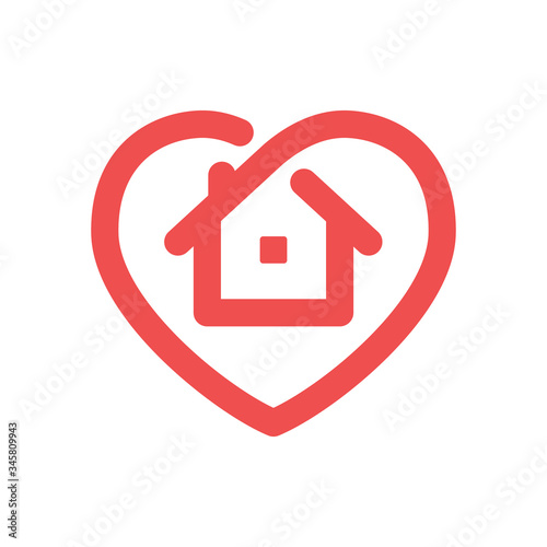 Stay at home symbol. House and heart combined vector icon. Line art pictogram.