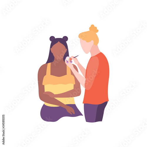 Beauty female stylist making makeup for african american girl. Glamour woman character with cosmetic brush and powder, isolated on white background. Visagist at work. Flat style vector illustration