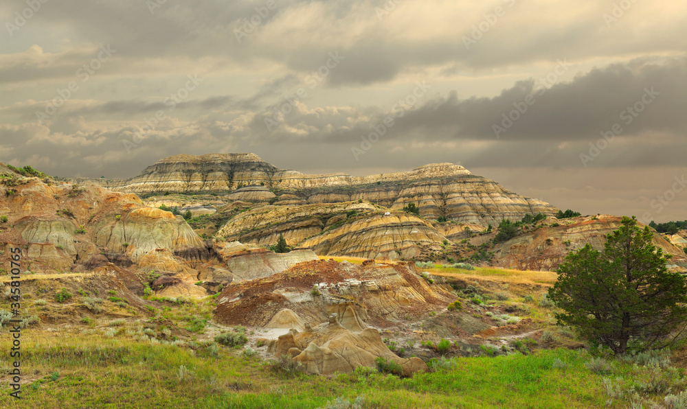 Panorama of the Unique Eroded Landscape of Theodore Roosevelt National Park, North Dakota