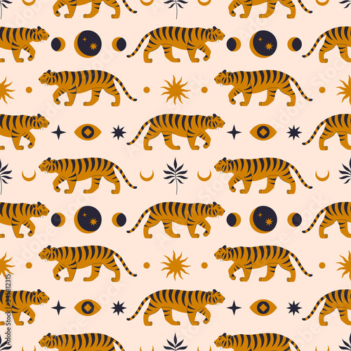 Seamless pattern with chinese tigers in boho asian style. Beautiful animal print design. For fabric, wall art, interior, packaging. Floral branch, crescent moon, star, eye. Magic mystery concept.