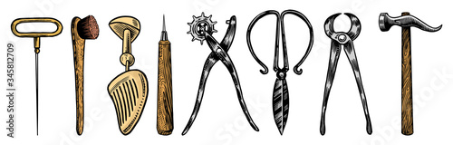 Cobbler concept. Professional equipments for Shoe repair. Shoemaker or bootmaker. Cream Hammer Awl Brush Thread Glue. Hand drawn engraved old sketch for label or poster. 